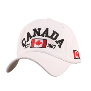 White cotton Canada baseball cap with maple leaf embroidery and EST 1867 side detail