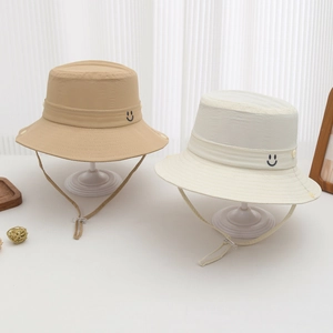 Kids Bucket Hat Quick Drying Sun Protection Breathable Adjustable Windproof Rope Smiley Face Embroidery For Boys Girls