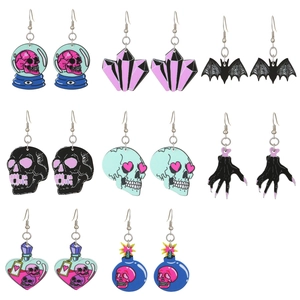 Set of 8 pairs Halloween acrylic earrings featuring colorful skeletons and bats