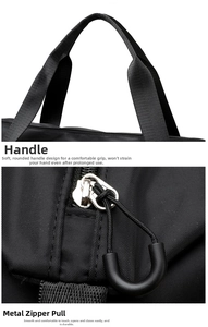 Dettaglio dei manici resistenti e della zip metallica di una borsa sportiva nera lucida.