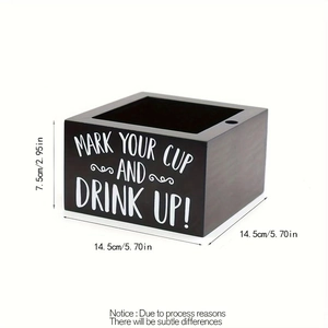Dark brown wooden square cup holder storage box with Mark Your Cup printed text