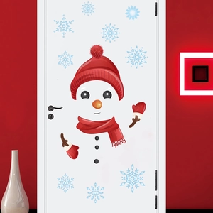 Christmas snowman door sticker set with red hat scarf and snowflakes for festive decor