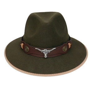 Western olive green felt cowboy hat with leather band and silver bull head emblem