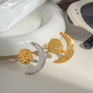 Fashionable celestial sun and moon open rings in gold and silver finish with metal texture