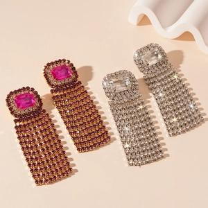 Square Rhinestone Tassel Drop Earrings With Silver Earring Post Vintage Luxury Long Fringe Dangle Jewelry For Women