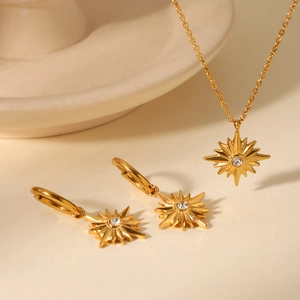 18K gold plated stainless steel star necklace and earring set with clear crystals
