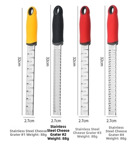 Detailed comparison of four stainless steel graters with different blade sizes and handles