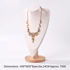Necklace display stand with white fabric texture and round wooden base, 39cm height