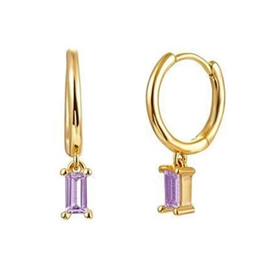 Gold hoop earrings with rectangle purple zircon stone pendants for women's fashion