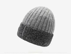 Detail view of winter knit beanie showing dual-color stitching and ribbed texture texture