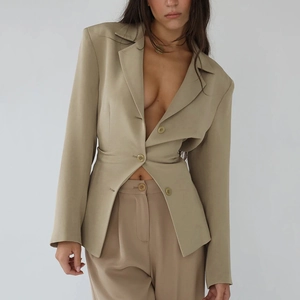 Women Long Sleeve Blazer Jacket And Mini Skirt Solid Color Slim Fit Button Office Street Style Polyester