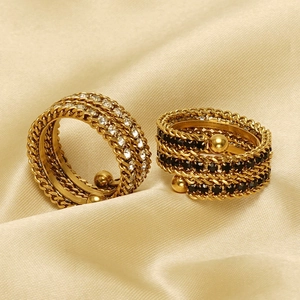 18k gold plated stainless steel multi-layer rings with black and white zircon crystals