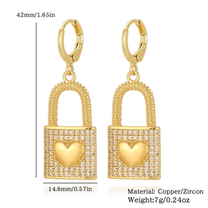 Detailed dimensions of 18K gold plated heart lock earrings with zircon inlay