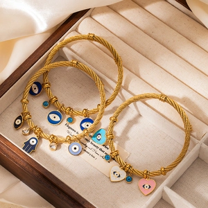 Evil Eye Heart Bangle Bracelet Stainless Steel Enamel 18K Gold Plated Twisted Cable Bohemian Lucky Charm Jewelry For Women