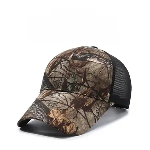 Detail of outdoor camouflage baseball cap with breathable black mesh and leaf pattern