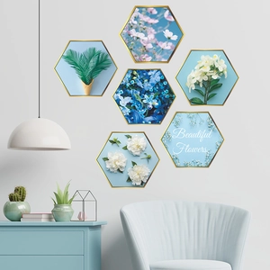 Hexagonal Floral Pattern Wall Sticker Removable PVC Aesthetic Green Plant Decoration Modern Geometric Gold Border Mural