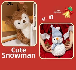 Close-up of plush Christmas reindeer and snowman dolls with soft knitted accessories