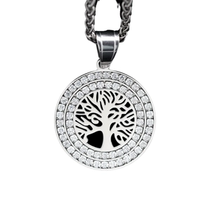 Double-layered stainless steel necklace with sparkling zircon Tree of Life pendant