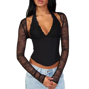 Slim fit black lace corset top with halter neck and long sleeves on white background