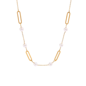 Collier en acier inoxydable plaqué or 18k avec perles et maillons ovales évidés de luxe