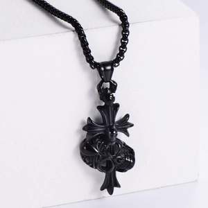 Gothic black cross pendant necklace in stainless steel with chunky cable chain style