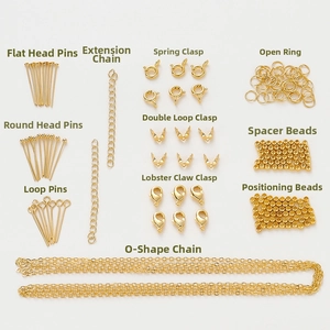 Detailed set of 18K gold plated jewelry making findings including lobster clasps and pins