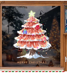 Detail view of red hand-drawn Christmas tree window decal with Merry Christmas text