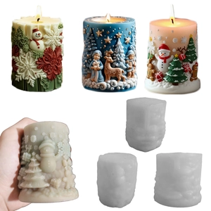3D Embossed Christmas Silicone Molds For DIY Candle Making Snowman Elk Snowflake Cylindrical Aromatherapy Soap Crafting