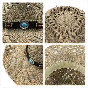 Détails du chapeau de cowboy en paille naturelle avec pierre turquoise et cuir