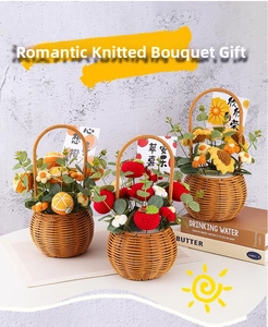 Detail of handcrafted crochet potted flowers with fruit themes and woven baskets