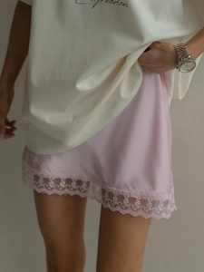 Women Satin Mini Skirt Lace Trim High Waist A-Line Satin Texture Elegant Summer Bottoms Sexy Short Dress