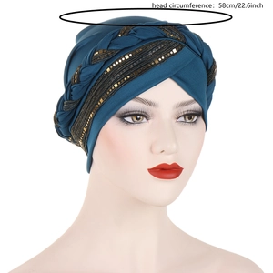 Close-up of peacock blue turban with gold sequins and braided twist headband detail