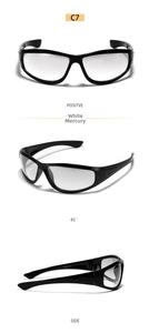 Three-way view of Y2K sporty sunglasses with black frames and silver mirror lenses