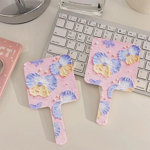 Handheld Makeup Mirror Plastic Floral Embossed 3D Oil Painting Style Portable Square Vanity Tool Vintage Aesthetic