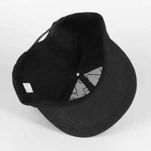 Detail view of cotton blend hip hop hat interior with stitching and wash label