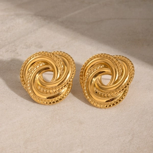 Vintage golden stainless steel spiral knot stud earrings with delicate rope texture