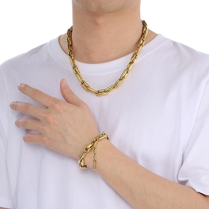Polished 10mm chunky pig nose chain necklace and bracelet jewelry set for men