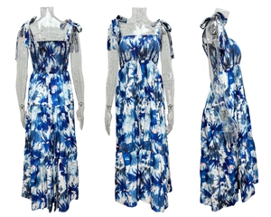 Detail view of tiered bohemian floral dress with smocked waist and tie straps