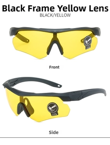 Detail view of tactical safety goggles with black frame and yellow anti-fog lenses