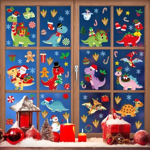Stickers de Noël dinosaures pour fenêtres avec bonnets de Père Noël et flocons de neige