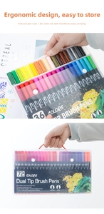 Dual tip watercolor markers set with flexible brush and fineliner tips in carrying case