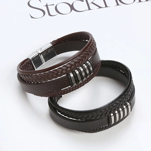 Mens multilayer brown leather bracelet with stainless steel rings and magnetic clasp