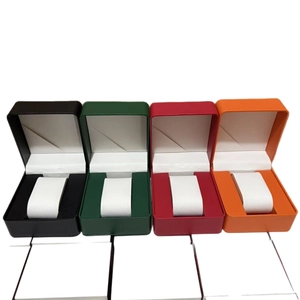 Premium PU leather flip watch display boxes in black, green, red, and orange colors