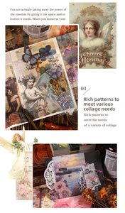 Detail shot of vintage scrapbook paper featuring classical angels, florals, and retro art