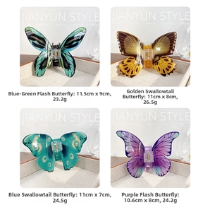 Macro view of butterfly claw clips with size specs in various gradient colors