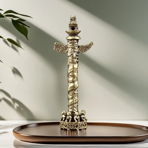 Vintage brass Huabiao column ornament with dragon carvings for office desk decor