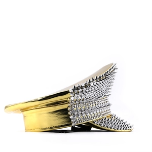 Metallic gold captain hat with punk silver spikes and studs for festival party outfits
