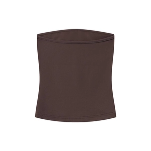 Detail of dark brown seamless tube top showing high-elasticity knitted fabric texture