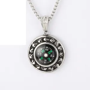 Retro Compass Skull Pendant For Men Stainless Steel Punk Gothic Style Jewelry Accessory