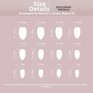 Size guide for short almond press-on nails with 12 sizes from 7.6mm to 14.48mm